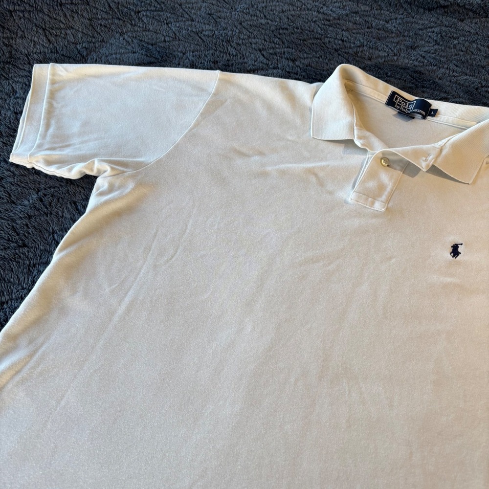 Vintage Polo Ralph Lauren Mens Large Cream White Short Sleeve Polo USA Made